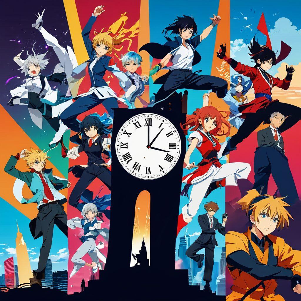 A vibrant collage showcasing diverse anime characters in dynamic poses, with a backdrop of iconic landmarks and conventions. Incorporate headlines and event details floating around the characters to signify news updates. Use a colorful and energetic style to capture the excitement of anime culture. Consider including a digital clock or calendar to emphasize timely updates. bright colors. vector art. energetic.