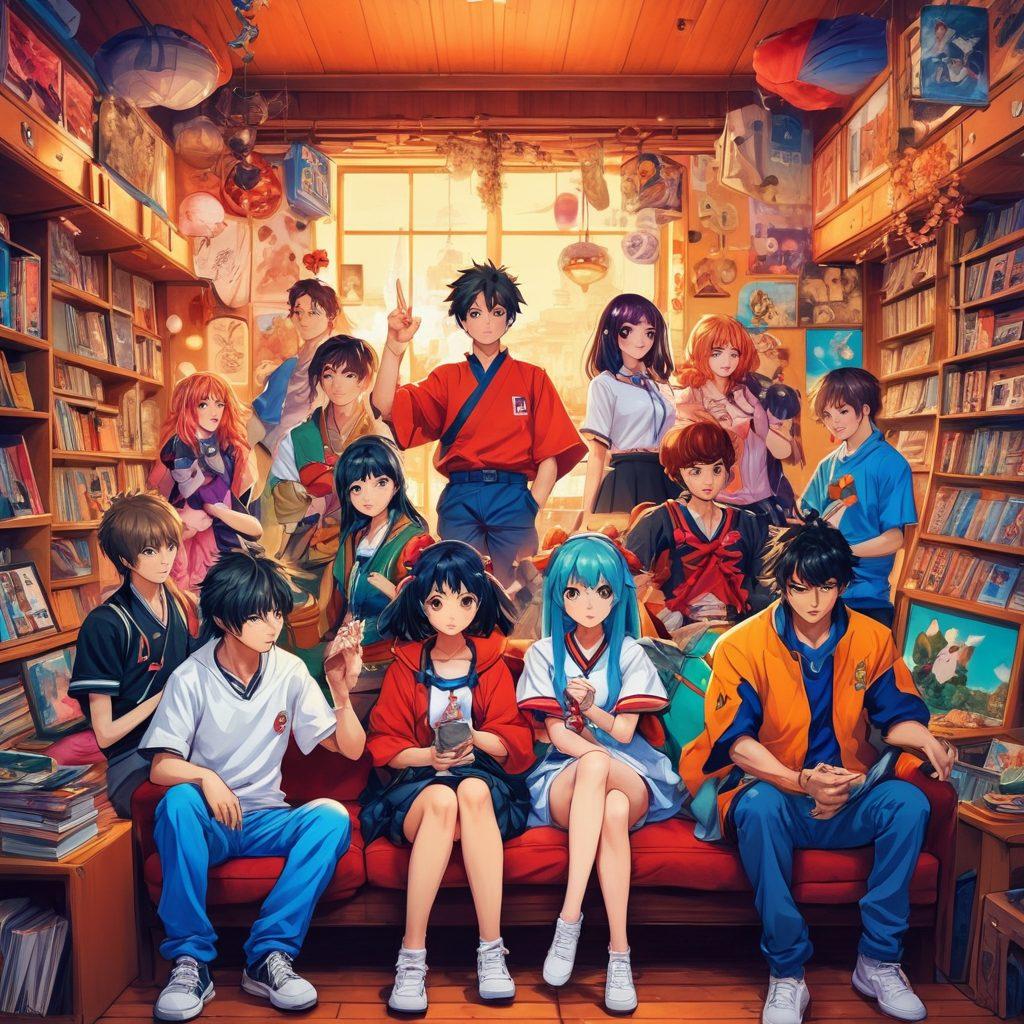 A vibrant illustration of a diverse group of anime fans, each showcasing unique style elements from various anime genres. The background features vibrant scenes of popular anime settings with dynamic poses, colorful costumes, and accessories. Include symbolic imagery like manga panels, plushies, and technology to represent the anime community. The scene should evoke a sense of camaraderie and excitement that embodies the essence of otaku culture. anime art style. vibrant colors. dynamic composition.